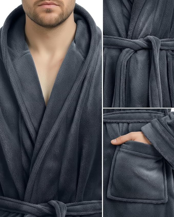 NY Threads Mens Robe with Hood, Luxury Plush Fleece Hooded Mens Bathrobe, Spa Bath Robe for Men
