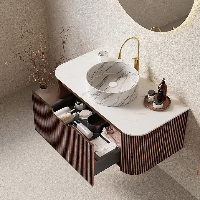 Yayzy 48” Floating Vanity with Sink, Solid Wood Fluted Cabinet, Faux Marble Top, White Ceramic Basin, Soft-Close Drawer, Pre-Assembled, Walnut Woodgrain