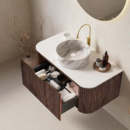 Yayzy 48” Floating Vanity with Sink, Solid Wood Fluted Cabinet, Faux Marble Top, White Ceramic Basin, Soft-Close Drawer, Pre-Assembled, Walnut Woodgrain