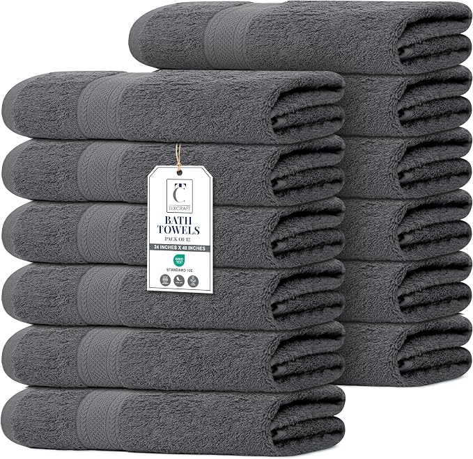Commercial Bulk Pack of 12 Bath Towels – 100% Cotton Terry 24" x 48" – Ideal for Hotels, Salons, Gyms, Spas & Institutional Use – Charcoal Grey