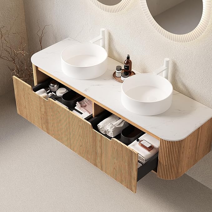 60'' Bathroom Vanities Cabinet with Sink, Wall Mounted Floating Cabinet W/Curved Edges Stripes, Oak Plywood, Soft-Close System with a Drawer & 2 White Round Ceramic Basin - Kiel, Natural Wood