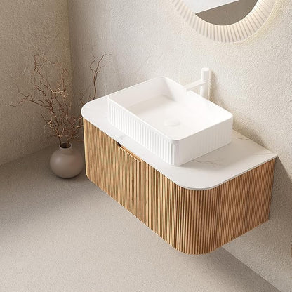 36'' Bathroom Vanities Cabinet with Sink, Wall Mounted Floating Cabinet W/Curved Edges Stripes, Oak Plywood, Soft-close System with a Drawer, White Rectangular Ceramic Basin - Kiel, Natural Wood/W