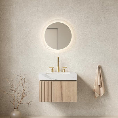 KEIKI 24 Inch Floating Bathroom Vanity with Sink, White Oak & White | Modern Wall Mounted Storage Cabinet with 2 Doors, Pre-assembled Wood Panels, Sintered Stone Top & Ceramic Basin Combo Set