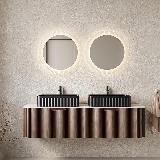 60'' Bathroom Vanities Cabinet with Sink, Wall Mounted Floating Cabinet W/Curved Edges Stripes, Oak Plywood, Soft-Close System with 2 Drawer & 2 Black Rectangular Ceramic Basin - Kiel, Dark Walnut/B