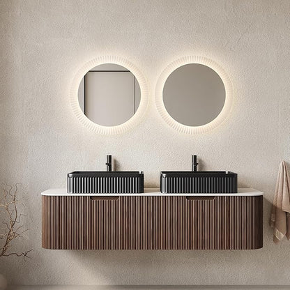 60'' Bathroom Vanities Cabinet with Sink, Wall Mounted Floating Cabinet W/Curved Edges Stripes, Oak Plywood, Soft-Close System with 2 Drawer & 2 Black Rectangular Ceramic Basin - Kiel, Dark Walnut/B