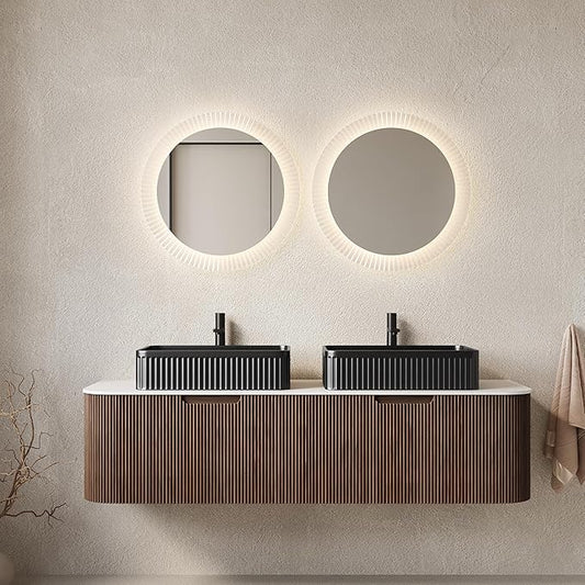 60'' Bathroom Vanities Cabinet with Sink, Wall Mounted Floating Cabinet W/Curved Edges Stripes, Oak Plywood, Soft-Close System with 2 Drawer & 2 Black Rectangular Ceramic Basin - Kiel, Dark Walnut/B