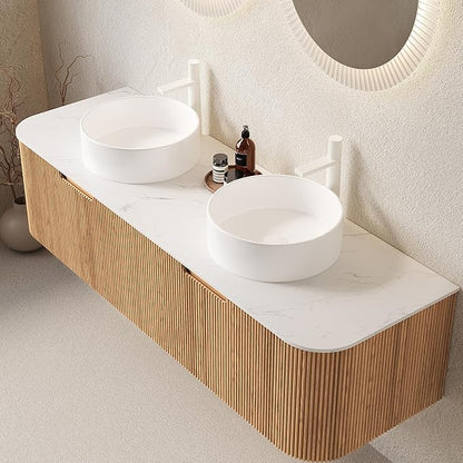 60'' Bathroom Vanities Cabinet with Sink, Wall Mounted Floating Cabinet W/Curved Edges Stripes, Oak Plywood, Soft-Close System with a Drawer & 2 White Round Ceramic Basin - Kiel, Natural Wood
