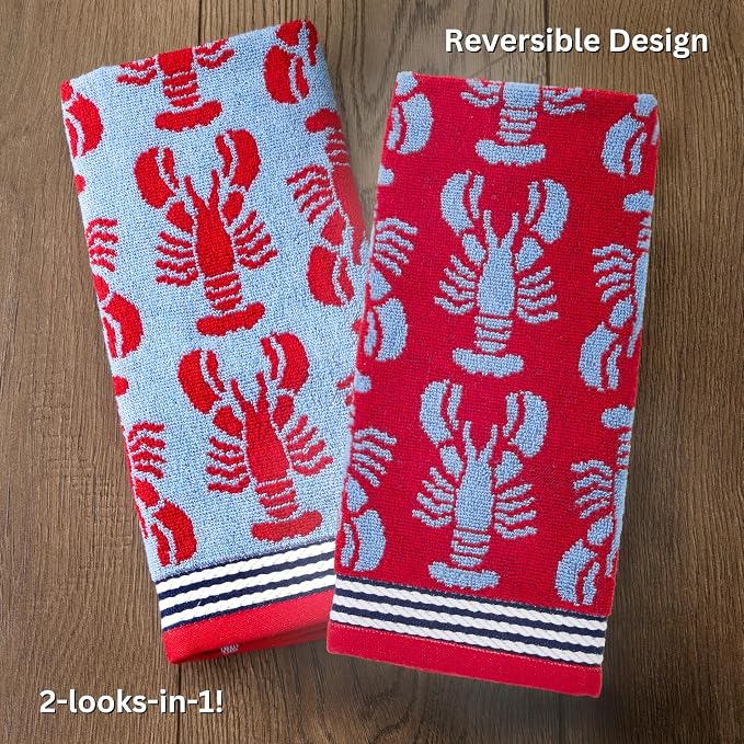 SKL Home Nautical Lobster Hand Towel Set-2pc, Reversible Jacquard, Navy | 100% Cotton. Plush & absorbent. For the bathroom, kitchen, bar or any sink space. Great for everyday & coastal/beach décor.