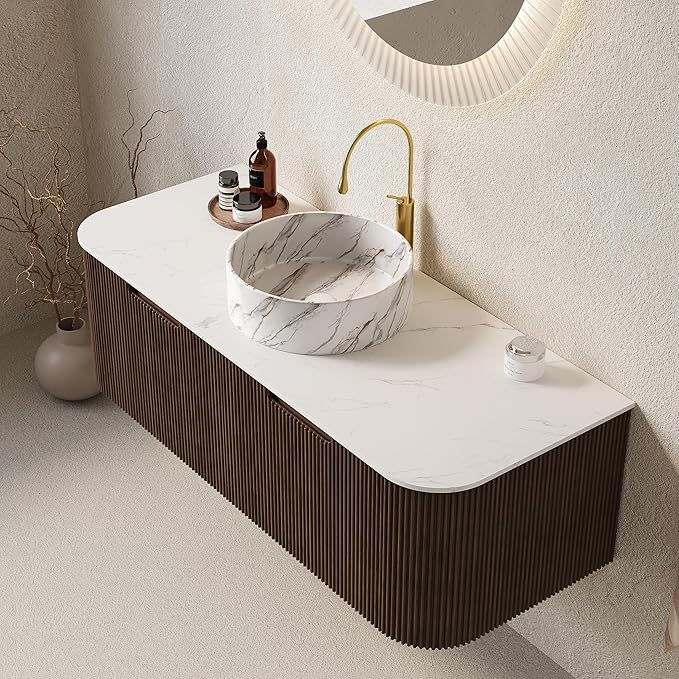LKTART 48 Inch Floating Bathroom Vanity with Sink, Modern Wall Mounted Bathroom Storage Cabinet with Drawer, Stone Pattern Round White Ceramic Sink Top and Marble Texture Top, Walnut