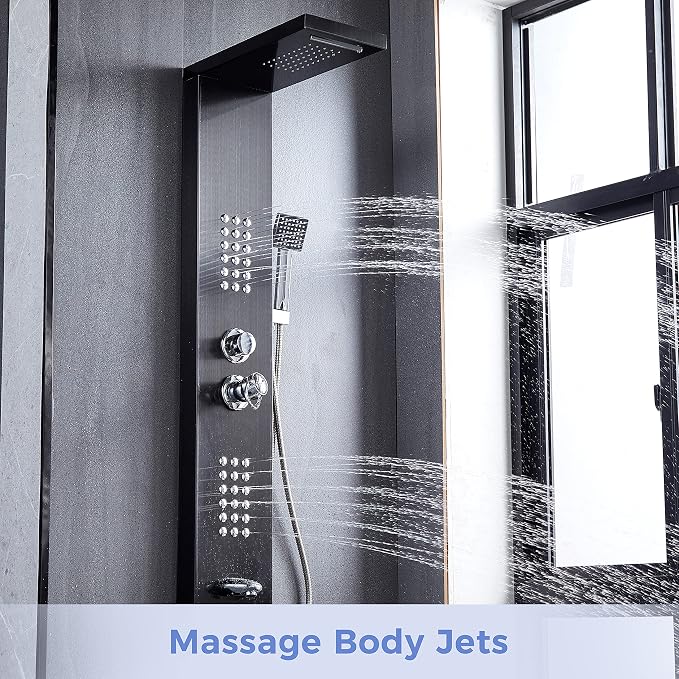 Delavin Multi Fuction Shower Panel, Shower Tower, Rainfall Waterfall Stainless Steel Shower Panel Tower System, Full Body Shower System with Body Jets, Tub Spout, Handheld Shower, Brushed Black | Stainless Steel, Rainfall Waterfall, Body Jets, Tub Spou...