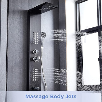 Delavin Multi Fuction Shower Panel, Shower Tower, Rainfall Waterfall Stainless Steel Shower Panel Tower System, Full Body Shower System with Body Jets, Tub Spout, Handheld Shower, Brushed Black | Stainless Steel, Rainfall Waterfall, Body Jets, Tub Spou...