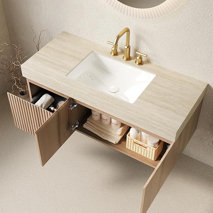 KEIKI 48 Inch Floating Bathroom Vanity with Sink, Modern Wall Mounted Storage Cabinet with Drawer, Pre-assembled Waterproof Wood Panels, Sintered Stone Top & Ceramic Basin Combo Set, White Oak & Beige