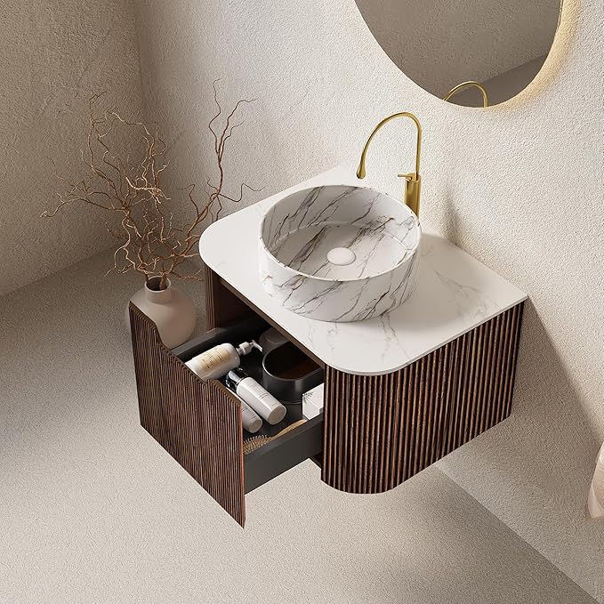 24'' Floating Vanity with Sink Combo, Modern Wall-Mounted Curved Edges Striped Bathroom Storage Cabinet with Soft-Close Drawer and White Stone Pattern Basin, Dark Walnut