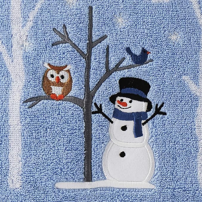 SKL Home Christmas Winter Friends Snowman Bath Towel, 100% Cotton, Blue | 450 GSM. Soft & absorbent jacquard with embroidery. Great for holiday gifting.