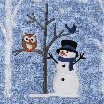 SKL Home Christmas Winter Friends Snowman Bath Towel, 100% Cotton, Blue | 450 GSM. Soft & absorbent jacquard with embroidery. Great for holiday gifting.