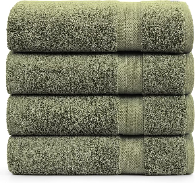 LANE LINEN Bath Towel Set 100% Cotton 4 Piece Soft Absorbent - Oil Green | Shower Towels - Generously Sized, Oversized & Roomy, Lightweight & Breathable, Fade-Resistant Color, Classic Terry Weave