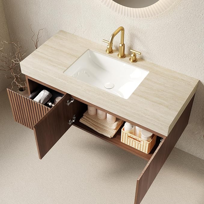 KEIKI 48 Inch Floating Bathroom Vanity with Sink, Brown Oak & Beige | Modern Wall Mounted Storage Cabinet w/ Drawer & Door, Pre-assembled Wood Panels, Sintered Stone Top & Ceramic Basin Combo Set