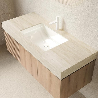 Ambrovina 48 inch Bathroom Vanity with Sink, Wall Mounted Bathroom Vanities with Drawer and 2 Doors, Roma Travertine-Pattern Countertop and Ceramic Basin, Pre-Assembled, Light Wooden Color