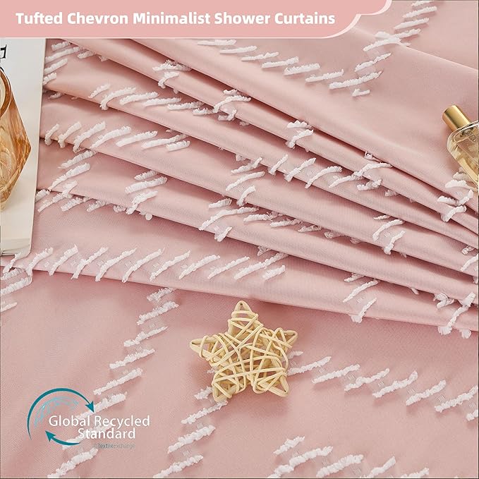 Extra Long Pink Boho Shower Curtain with White Tassel, Woven Fabric 96 in Curtain, Tufted Chevron Striped, 72x96, Modern Chic Textured Minimalist Cute for Bathroom