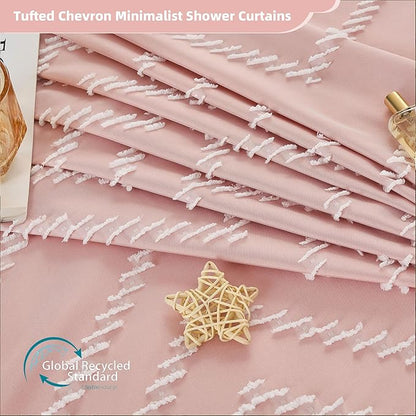 Extra Long Pink Boho Shower Curtain with White Tassel, Woven Fabric 96 in Curtain, Tufted Chevron Striped, 72x96, Modern Chic Textured Minimalist Cute for Bathroom