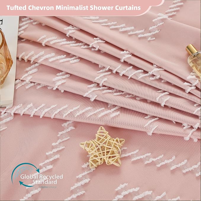 Siiluminisoy Extra Long Pink Boho Shower Curtain with White Tassel, Woven Fabric 96 in Curtain, Tufted Chevron Striped, 72x96, Modern Chic Textured Minimalist Cute for Bathroom