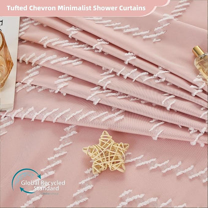 Siiluminisoy Extra Long Pink Boho Shower Curtain with White Tassel, Woven Fabric 96 in Curtain, Tufted Chevron Striped, 72x96, Modern Chic Textured Minimalist Cute for Bathroom