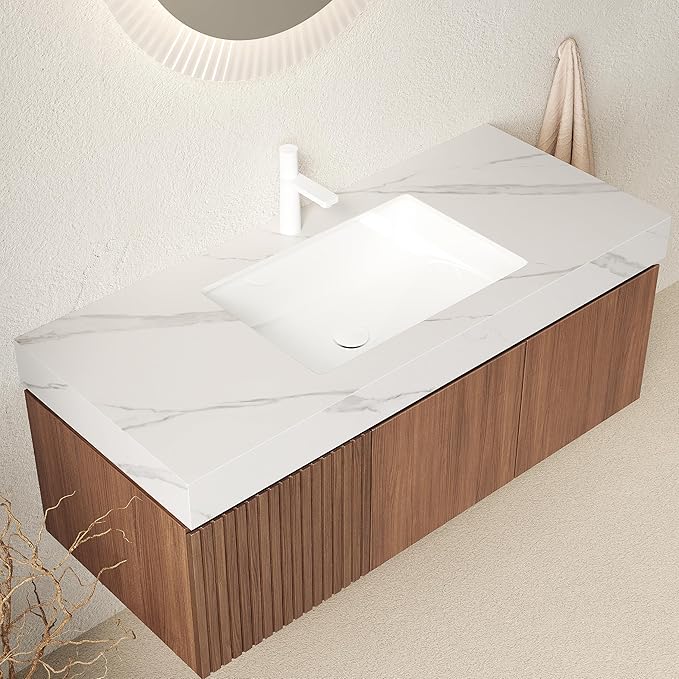 Ambrovina 48" Floating Bathroom Vanity with Sink, Modern Plywood Bathroom Storage Cabinet with Drawer and 2 Door, Carrara White Sintered Stone Countertop, White Ceramic Basin, Pre-Assembled, Dark Oak