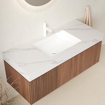Ambrovina 48" Floating Bathroom Vanity with Sink, Modern Plywood Bathroom Storage Cabinet with Drawer and 2 Door, Carrara White Sintered Stone Countertop, White Ceramic Basin, Pre-Assembled, Dark Oak