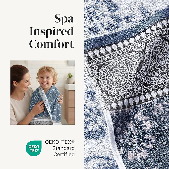 Modern Threads Floral Trail 6-Piece 100% Cotton Towel Set – Reversible Yarn Dyed Jacquard – Includes 2 Bath Towels, 2 Hand Towels, 2 Washcloths – Absorbent, Quick Dry, Soft & Durable – Navy