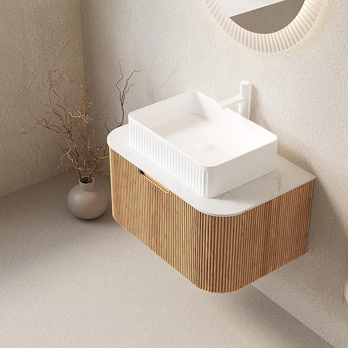 30'' Bathroom Vanities Cabinet with Sink , Wall Mounted Floating Cabinet W/Curved Edges Stripes, Oak Plywood, Soft-close System with a Drawer, White Rectangular Ceramic Basin - Kiel, Natural Wood/W