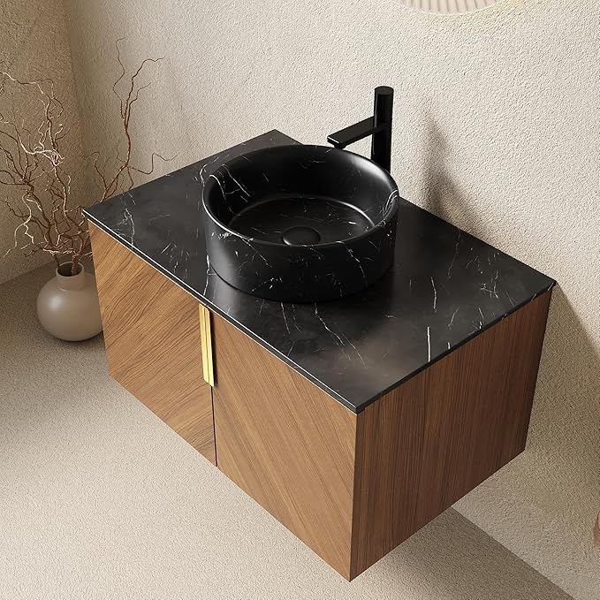 30" Floating Bathroom Vanity with Sink Combo, Modern Vanity with Vessel Sink, Wall-Mounted Bathroom Vanity Cabinet with Doors, Black Countertop and Black Round Ceramic Basin,Brown Oak