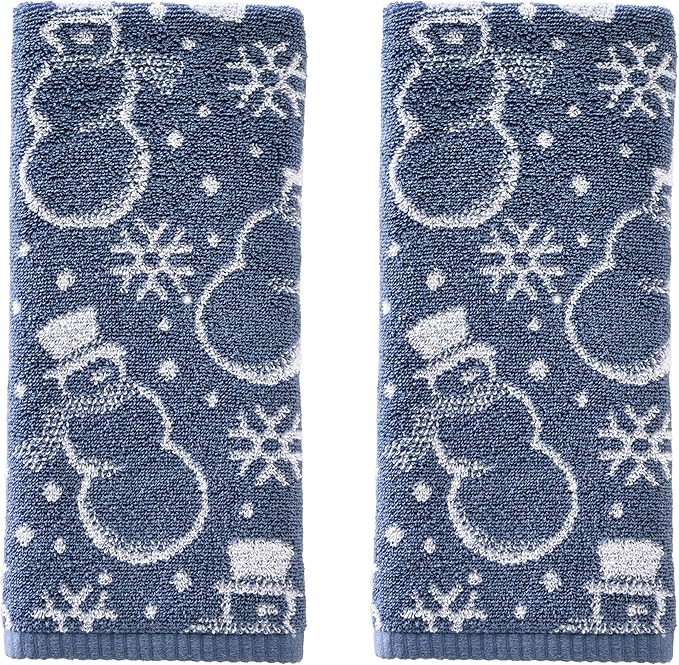 SKL Home Winter/Christmas Top Hat Snowmen Hand Towel Set-2pc, Blue | 100% Cotton. 500 GSM. Soft & absorbent. Reversible jacquard pattern. Great for use in the bathroom, kitchen or bar & gifting.