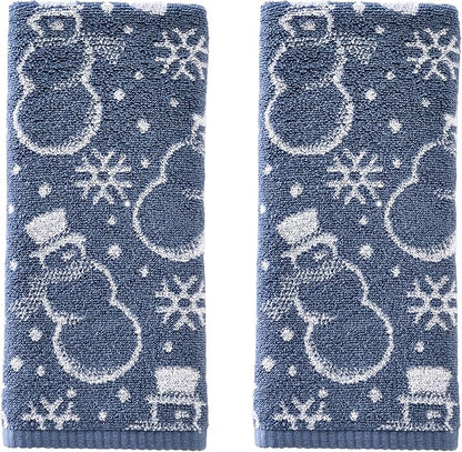 SKL Home Winter/Christmas Top Hat Snowmen Hand Towel Set-2pc, Blue | 100% Cotton. 500 GSM. Soft & absorbent. Reversible jacquard pattern. Great for use in the bathroom, kitchen or bar & gifting.
