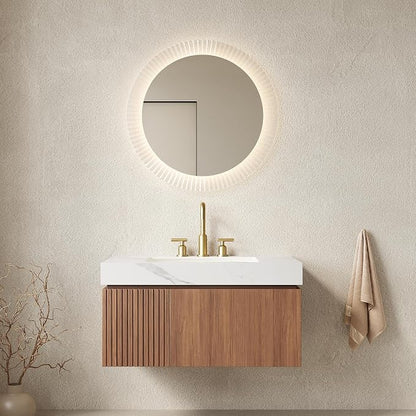KEIKI 36 Inch Floating Bathroom Vanity with Sink, Brown Oak & White | Modern Wall Mounted Storage Cabinet w/ Drawer & Door, Pre-assembled Wood Panels, Sintered Stone Top & Ceramic Basin Combo Set