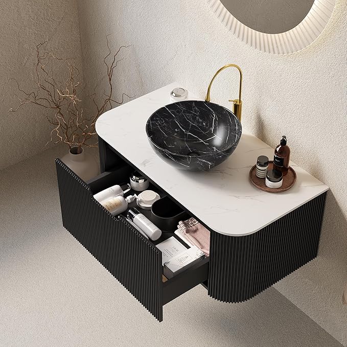 36'' Bathroom Vanities Cabinet with Sink Combo, Wall Mounted Floating Cabinet W/Curved Edges Stripes, Oak Plywood, Soft-Close System with a Drawer, Black Bowl Ceramic Basin - Kiel, Black/R
