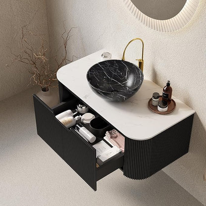 36'' Bathroom Vanities Cabinet with Sink Combo, Wall Mounted Floating Cabinet W/Curved Edges Stripes, Oak Plywood, Soft-Close System with a Drawer, Black Bowl Ceramic Basin - Kiel, Black/R