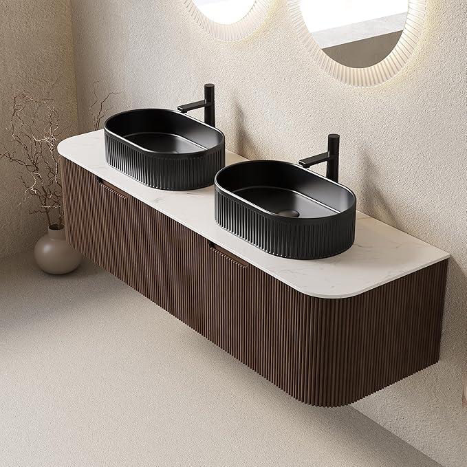 Yayzy 60" Floating Bathroom Vanity with Sink, Solid Wood Fluted Cabinet, Black Fluted Oval Ceramic Basin & Faux Marble Top, Soft-Close Drawer, Pre-Assembled, Walnut Woodgrain