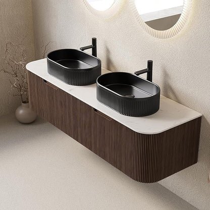 Yayzy 60" Floating Bathroom Vanity with Sink, Solid Wood Fluted Cabinet, Black Fluted Oval Ceramic Basin & Faux Marble Top, Soft-Close Drawer, Pre-Assembled, Walnut Woodgrain