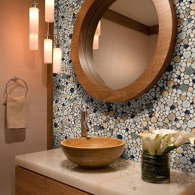 Pebble Stone Mosaic Tiles 5 Sheets, Beige Tan Brown Ceramic Mosaic Sheets Mesh Mounted 12x12, Glazed Porcelain Tile for Shower Floor Kitchen Bathroom Accent Wall Backsplash 【5 Sheets】