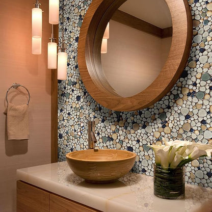 Pebble Stone Mosaic Tiles 5 Sheets, Beige Tan Brown Ceramic Mosaic Sheets Mesh Mounted 12x12, Glazed Porcelain Tile for Shower Floor Kitchen Bathroom Accent Wall Backsplash 【5 Sheets】