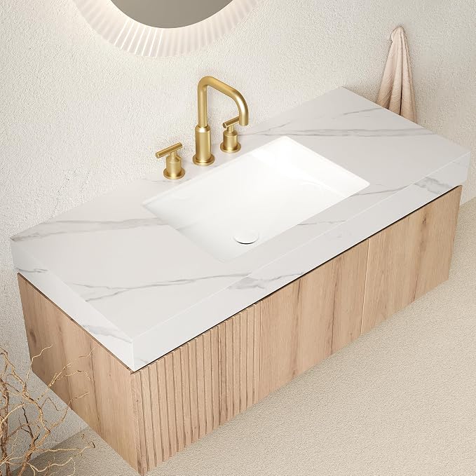 KEIKI 48 Inch Floating Bathroom Vanity with Sink, White Oak & White | Modern Wall Mounted Storage Cabinet w/ Drawer & Door, Pre-assembled Wood Panels, Sintered Stone Top & Ceramic Basin Combo Set