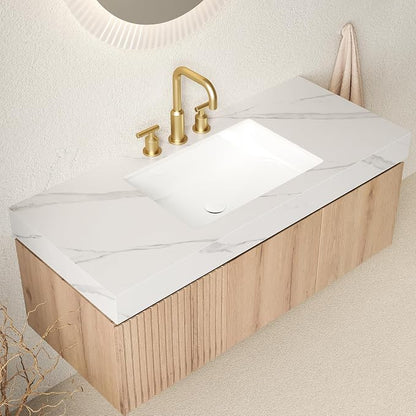 KEIKI 48 Inch Floating Bathroom Vanity with Sink, White Oak & White | Modern Wall Mounted Storage Cabinet w/ Drawer & Door, Pre-assembled Wood Panels, Sintered Stone Top & Ceramic Basin Combo Set