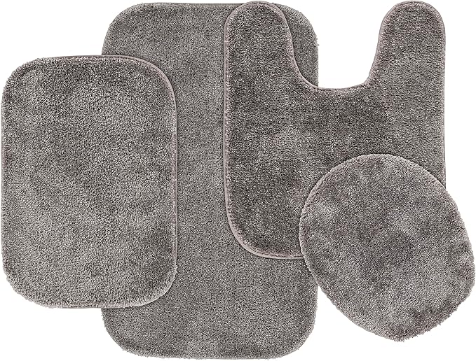 Garland Rug Traditional Nylon Washable Medium Gray 4 Piece Set - Lid, Contour, 2 Bath Rugs - Soft, Absorbent, and Stylish for Your Bathroom