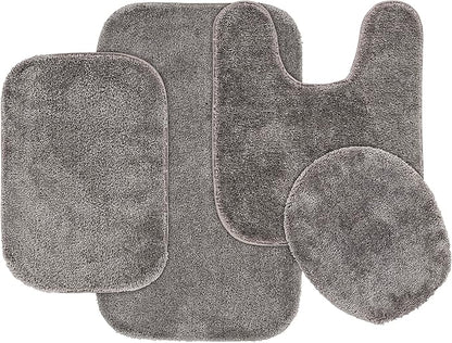 Garland Rug Traditional Nylon Washable Medium Gray 4 Piece Set - Lid, Contour, 2 Bath Rugs - Soft, Absorbent, and Stylish for Your Bathroom