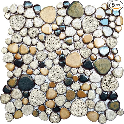 Pebble Shower Floor Tile Bathroom Beige Wall Backsplash Mosaic Tiles (5 Sheets)