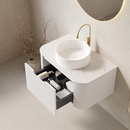 Yayzy 30" Floating Bathroom Vanity with Sink, Solid Wood Fluted Cabinet, White Round Ceramic Basin & Faux Marble Top, Soft-Close Drawer, Pre-Assembled, White