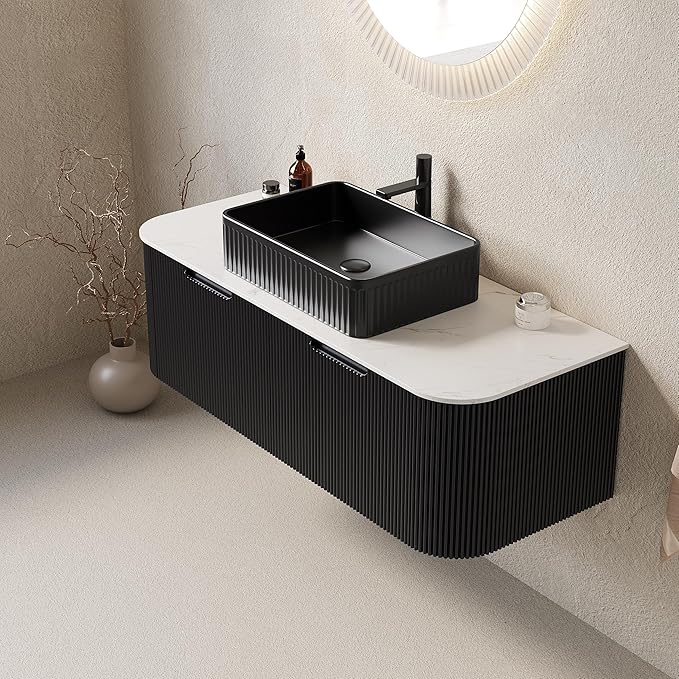 48 Inch Floating Bathroom Vanity with Sink, Modern Bathroom Vanities with Rectangular Ceramic Basin and Marble Top, 2 Large Soft-Closing Storage Drawers, Pre-Assembled Cabinet, Gloss Black