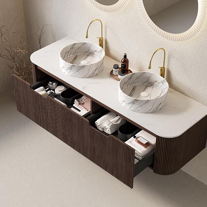 Yayzy 60" Floating Bathroom Vanity with Sink, Solid Wood Fluted Cabinet, White Marble-Patterned Ceramic Basin & Faux Marble Top, Soft-Close Drawer, Pre-Assembled, Walnut Woodgrain