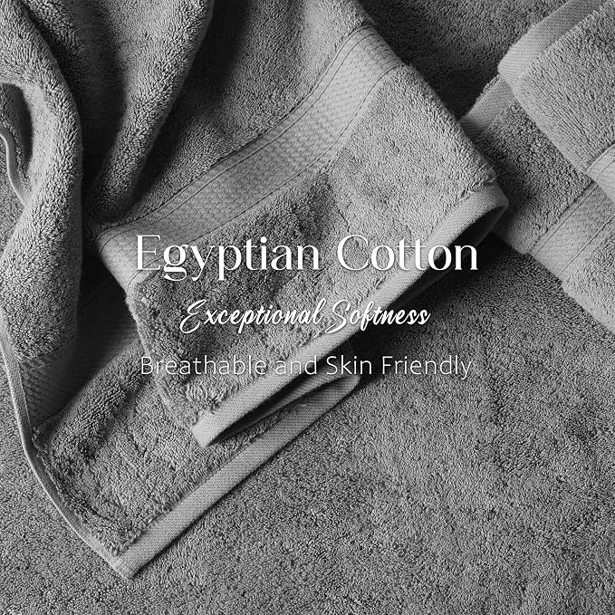 SUPERIOR Egyptian Cotton Ultra Plush & Absorbent, 12 Piece Set, Charcoal | Heavyweight 12 Pc Egyptian Cotton Towel Set Includes 4 Bath Towels 4 Hand Towels 4 Washcloths Decorative Rope Border