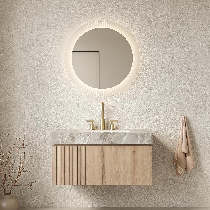 KEIKI 36 Inch Floating Bathroom Vanity with Sink, White Oak & Grey | Modern Wall Mounted Storage Cabinet w/ Drawer & Door, Pre-assembled Wood Panels, Sintered Stone Top & Ceramic Basin Combo Set